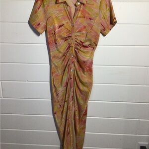 Ruched Button-Front Yellow & Pink Swirl Midi Dress